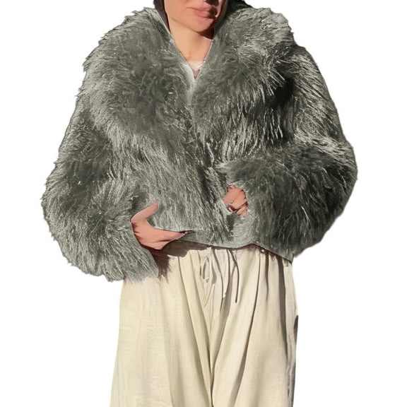 Sexlip Women's Faux Fur Coat Fluffy Faux Fur Jacket Long Sleeve Lapel Furry Winter Jackets Shaggy Parka Short Coat Gray XL