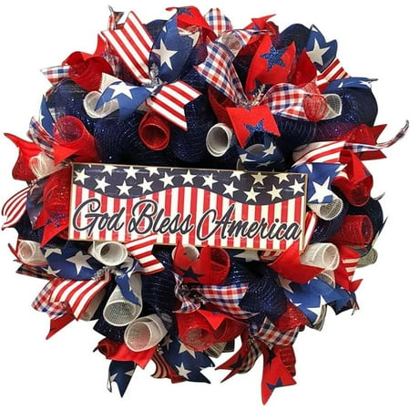 Wewean Americana Patriotic Wreath for Front Door  Americana Wreath Fourth of July Decorations  Red  White  and Blue Wreaths for Front Door Outside  Indoor Outdoor Festive Independence (C) J141