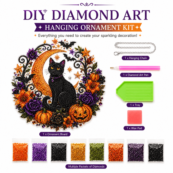 Rongyun Halloween Black Cat Moon Diamond Art Hanging Ornament Kit,Double-Sided Diamond Painting Suncatcher with Faceted Rhinestones, DIY Hanging Pendant Halloween Window Decor