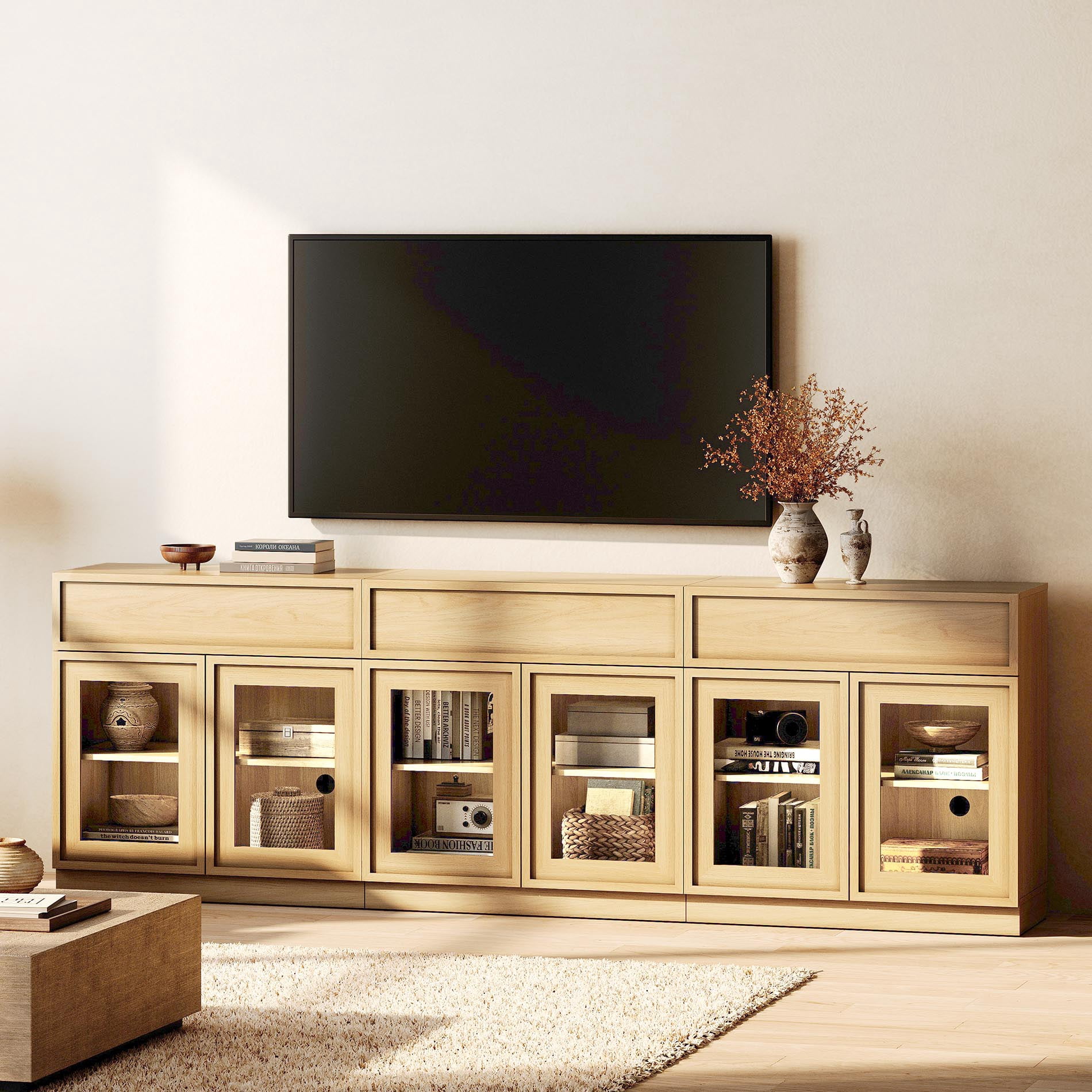 WAMPAT Modern TV Stand for TVs Up to 100", 3-in-1 Entertainment Center TV Console with 6 Doors and Drawer, Wooden Media Console Cabinet with Adjustable Shelf for Living Room, Bedroom, Oak