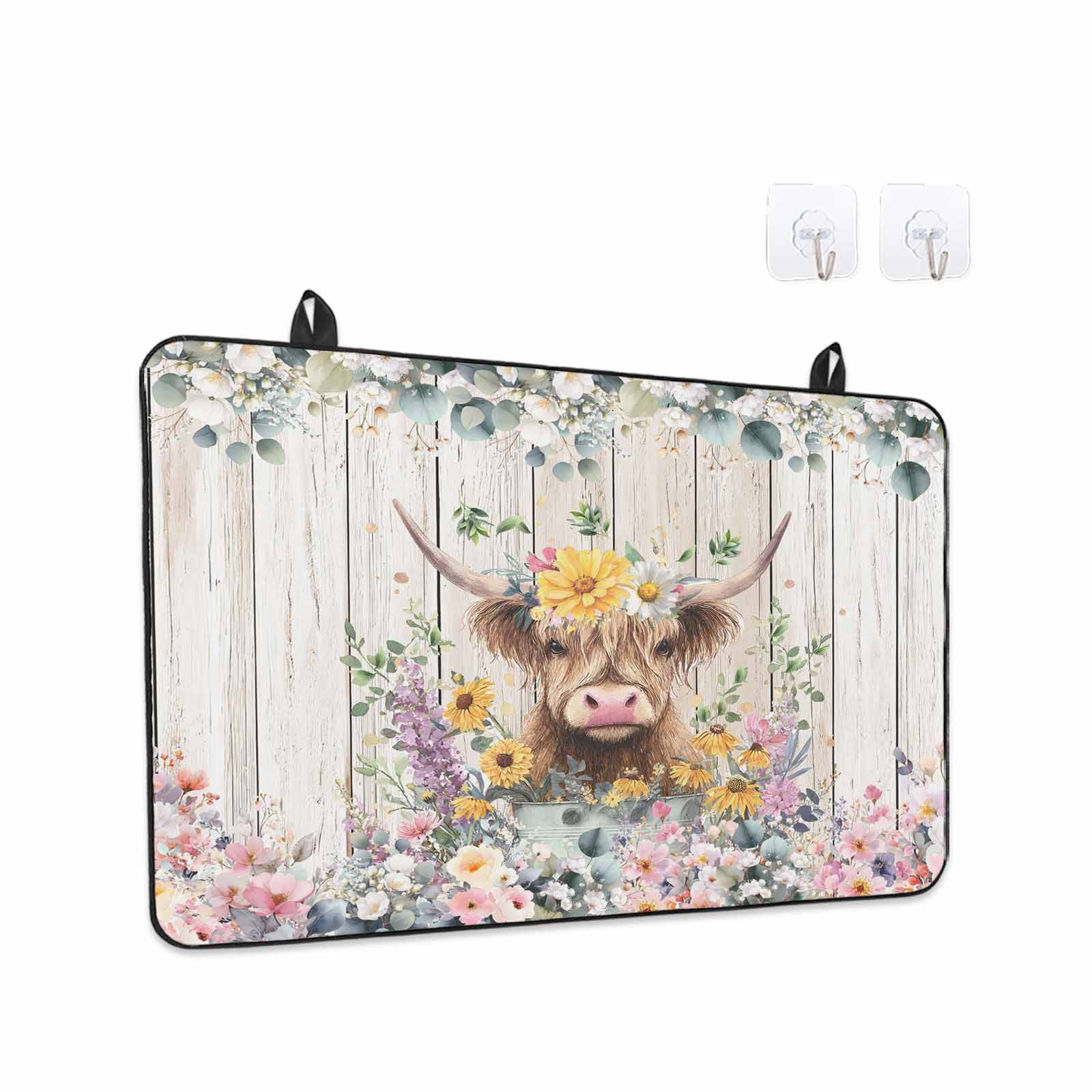 Spring Cow Floral Stove Top Cover for Electric Stove, Heat-proof & Non Slip Glass Top Stove Cover Protector, Green Eucalyptus Leaves Grey Wooden Kitchen Flat Cooktop Rubber Mat 24x21 Inches