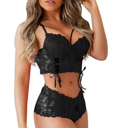 

QELUSQELUS Women Underwear+Panties Lace Flower Bandage Wireless Solid 2 Piece Nightwear Bra Set