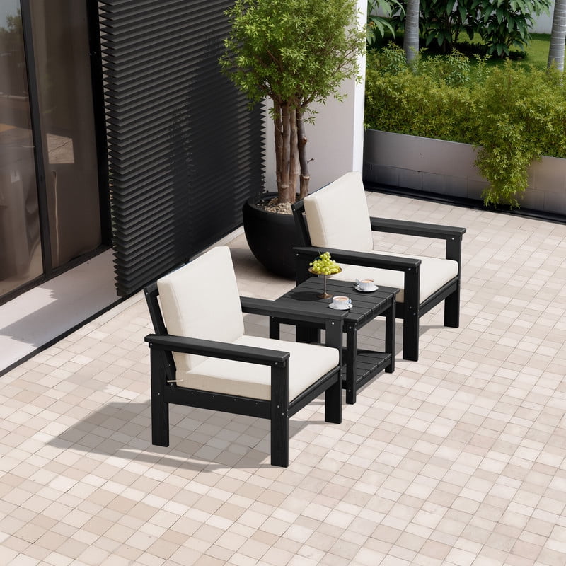 FUNDAZE Oversized HDPE Patio Furniture Sets, 2-Seater With Double-tier Table Outdoor Conversation Set | For Patio, Poolside, Backyard Use, Black Frame with Khaki Cushion