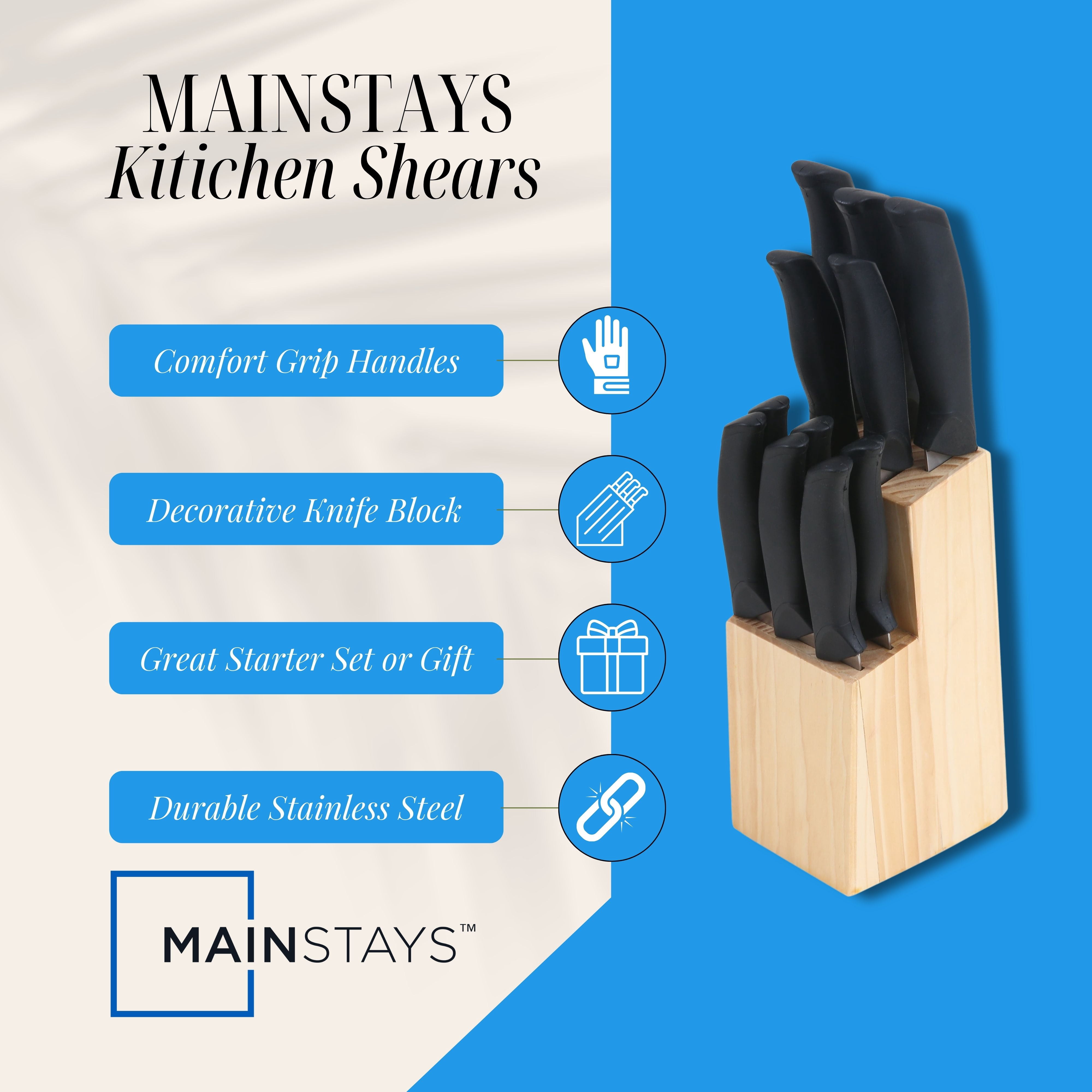 Mainstays 12 Piece Cutlery Set with Soft Grip Handles and Wood Storage Block