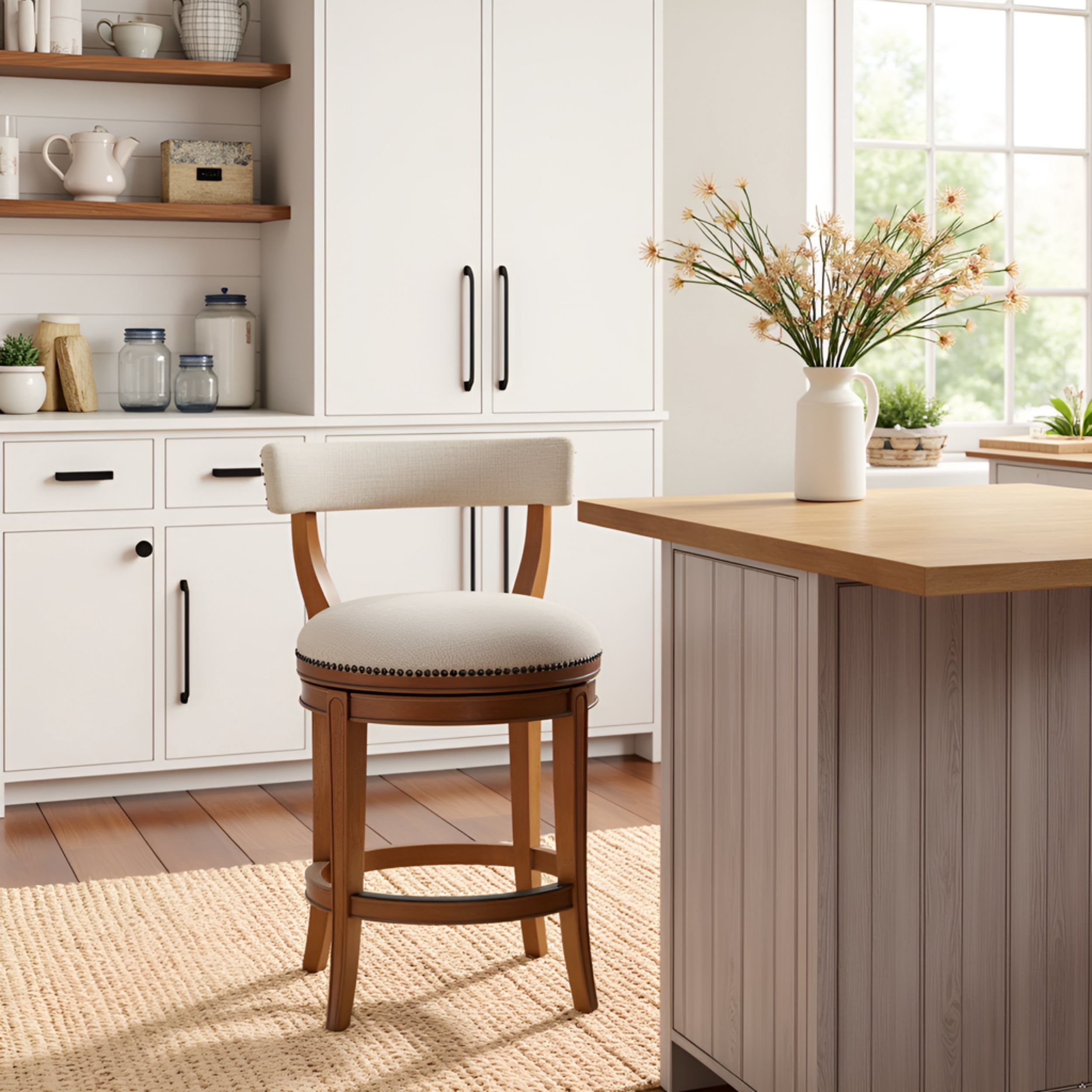 Alaterre Furniture Hanover Swivel Low Back Counter Height Bar Wood Stool, Weathered Brown and Beige