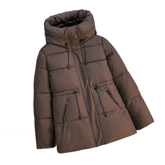 Women's Thick Down Coat Warm Winter Puffer Jackets Hooded Parka Jacket with Adjustable Waist Coffee L
