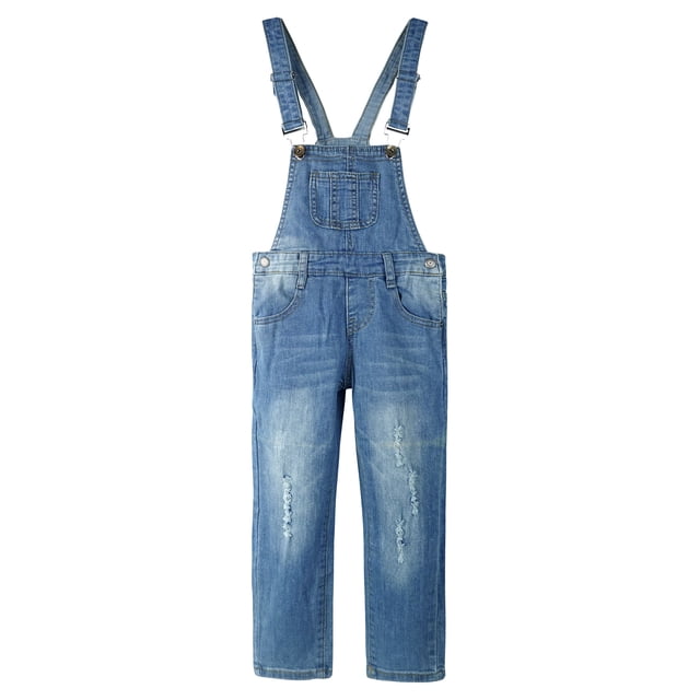 KIDSCOOL SPACE Big Girls Ripped Denim Overalls, Adjustable Elastic Waistand Inside Stretch Jeans Jumpsuit,Light Blue,13-14 Years