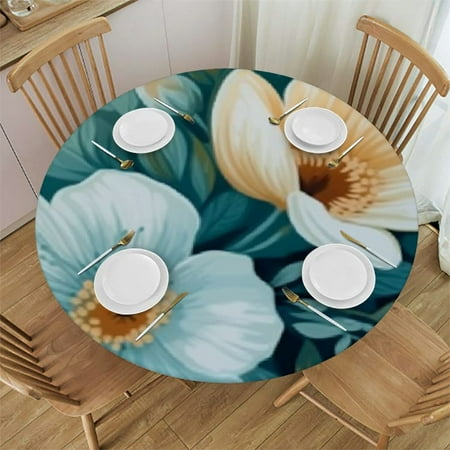 

Round Fitted Tablecloth with Elastic Beautiful Lily Flowers Outdoor Tablecloth Round Table Cover Waterproof Elastic