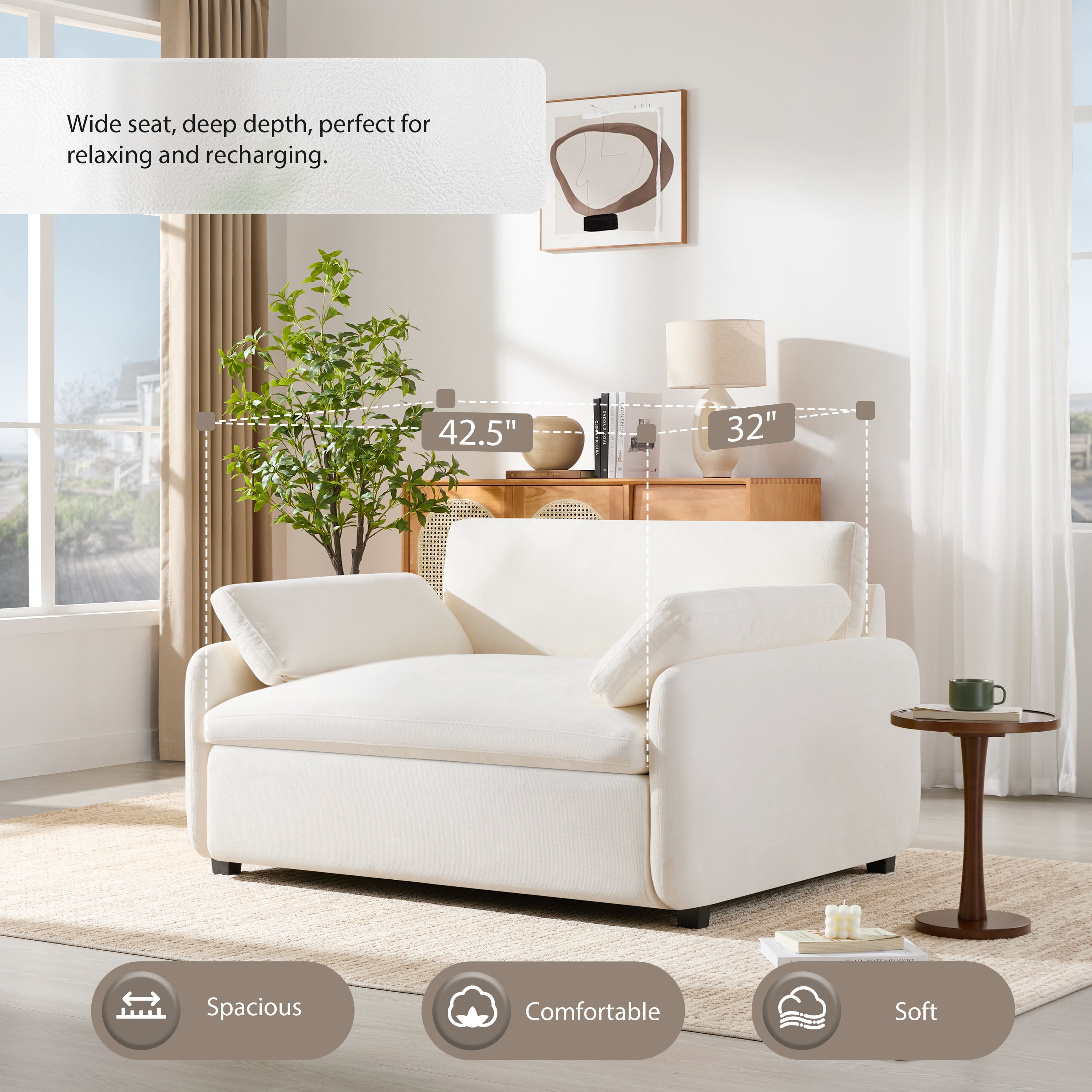Accent Chair, Single Sofa, Oversized Chair with Wide 43 Inch Deep Seat and 2 Included Pillows, Modern Chenille Upholstered Armchair for Living Room, Apartment, 50 x 43 x 34 Inches, Cream