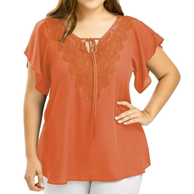 Birdeem Fashion Woman Casual V-Neck Solid Print Lace Short Sleeve T-Shirt Summer Plus Size Tops