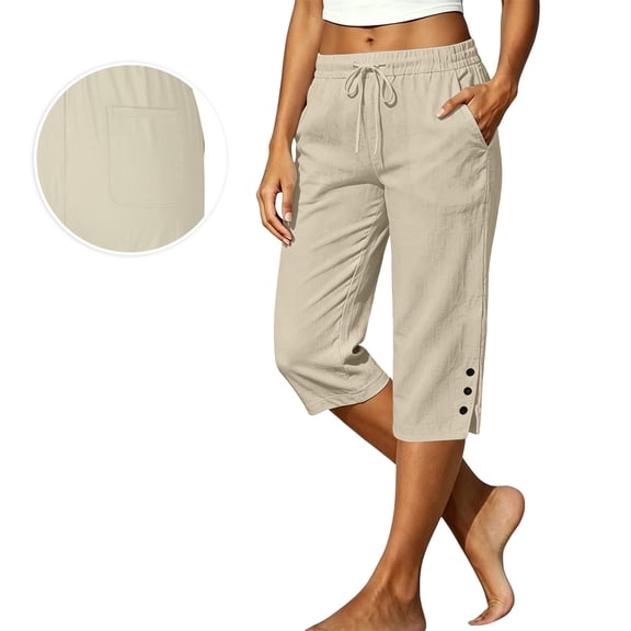 Lightweight Capris for Women Pedal Pushers Womens Slacks Pettie with Pockets Straight Leg with Drawstring Gauze Plus Size Pull On Pants Casual Lounge Gaucho Pants Palazzo Trousers Beige