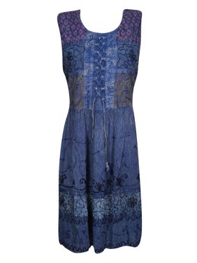 Mogul Bohemian Stonewashed Rayon Dress Sleeveless Embroidered Summer Fashion Midi Sundress M