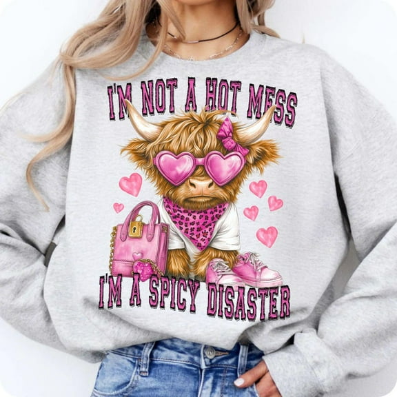 I'm Not A Hot Mess I'm A Spicy Disaster Sweatshirt, Funny Western Cow Sweatshirt, Cheeky Cow with Leopard Bow, Highland Cow Sweatshirt Gift, Funny Cow Sweatshirt