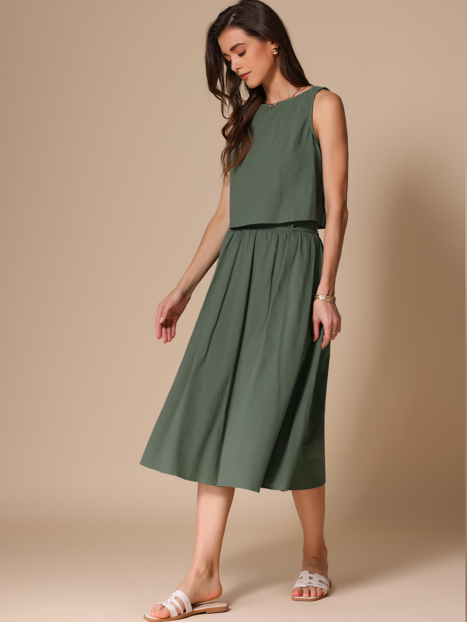 DARING DIVA Women's 2 Piece Round Neck Sleeveless Crop Top Midi Skirt Suit Set M Army Green