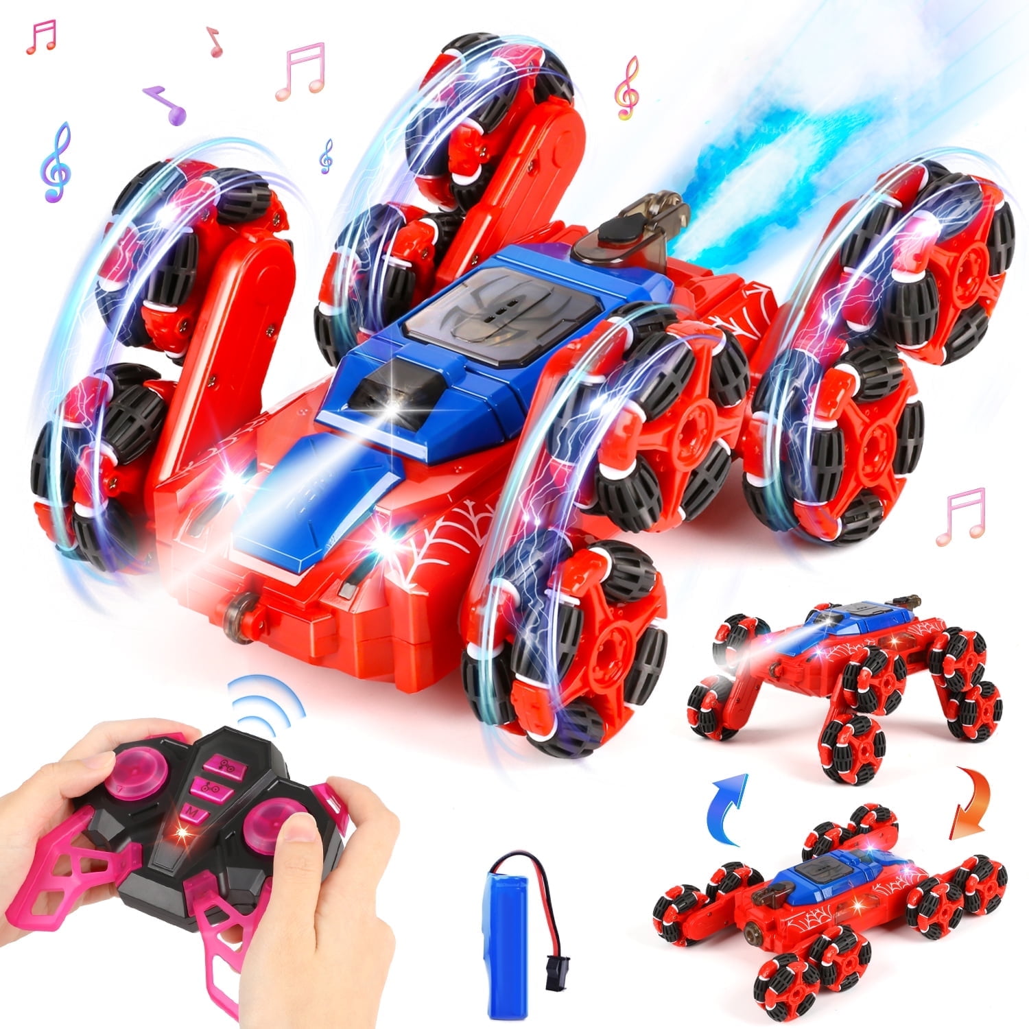 Huge Wave 8WD Remote Control Car for 4-9 Year Old Boys, 2.4GHz RC Stunt Car with Lights Music Spray, Double Sided Race Car, Christmas Birthday Party Gift for Kids