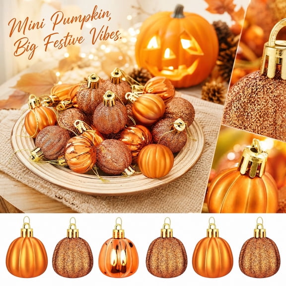 Orange Pumpkin Ball Ornaments 12 Pack, Mini Shatterproof Christmas Tree Decorations, Fall Harvest Tabletop Decor & Hanging Ornaments