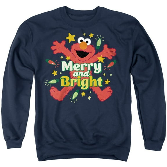 Sesame Street Christmas Merry And Bright Elmo Unisex Adult Crewneck Sweatshirt, Navy, Large