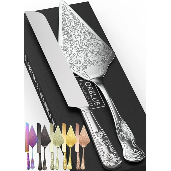 Orblue Wedding Cake Knife and Server Set, 2-Piece, Dishwasher Safe, Stainless Steel, Silver Finish