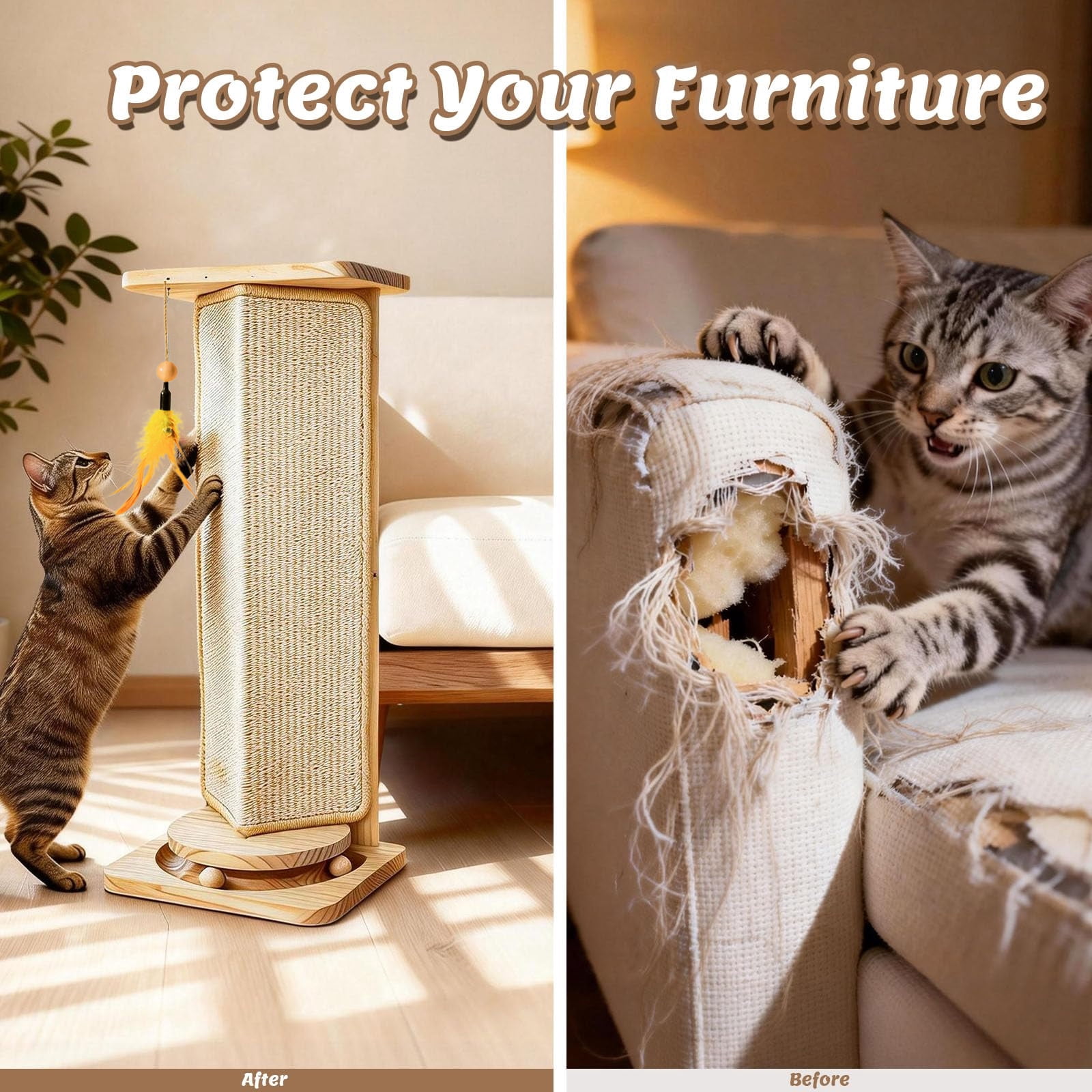 23" Under-Furniture Cat Scratcher, Sisal Scratching Post for Couch Corner, Furniture Protector Scratch Pad for Sofa with Toy Ball