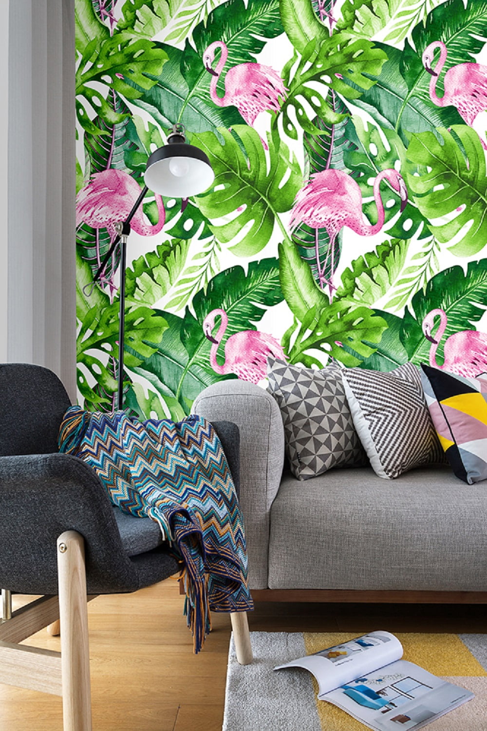 Watercolor Flamingo Tropical Peel and Stick Wallpaper Removable Green/Pink Vinyl Self Adhesive Shelf Liner 17.7in x 9.8ft