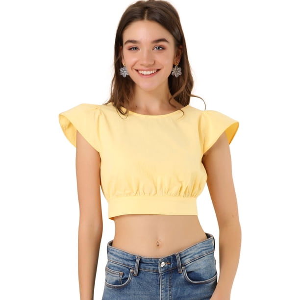 Allegra K Blusa Sin Espalda Manga Corta Lazo En La Espalda Top Corto Para Mujeres Amarillo L Unique Bargains Blusa