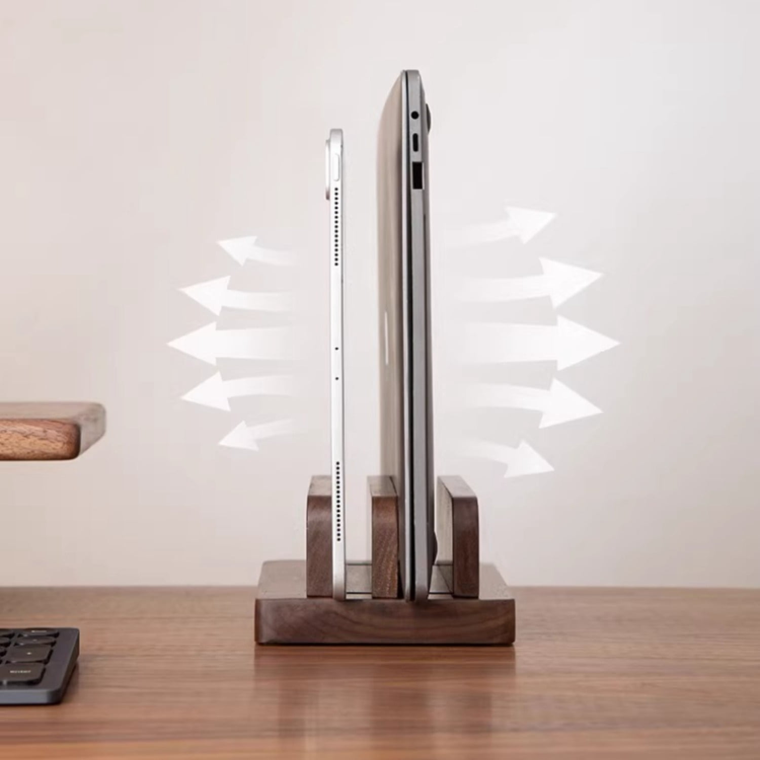 Adjustable Wooden Vertical Laptop Stand, Solid Wood Desktop Holder for Notebook/iPad/Tablet, Space-Saving Computer Stand with Heat Dissipation