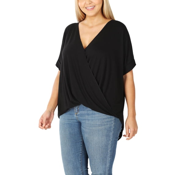 FashionMille Plus Size Women's V-Neck Draping Front Cross High Low Tunic T-shirt Top
