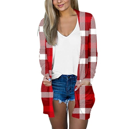

Wiueurtly Women Casual Simple Fashion Plaid Print Double Pocket Cardigan Jacket Cardigan for Women Long Sleeve Scrub Cardigan Sweater