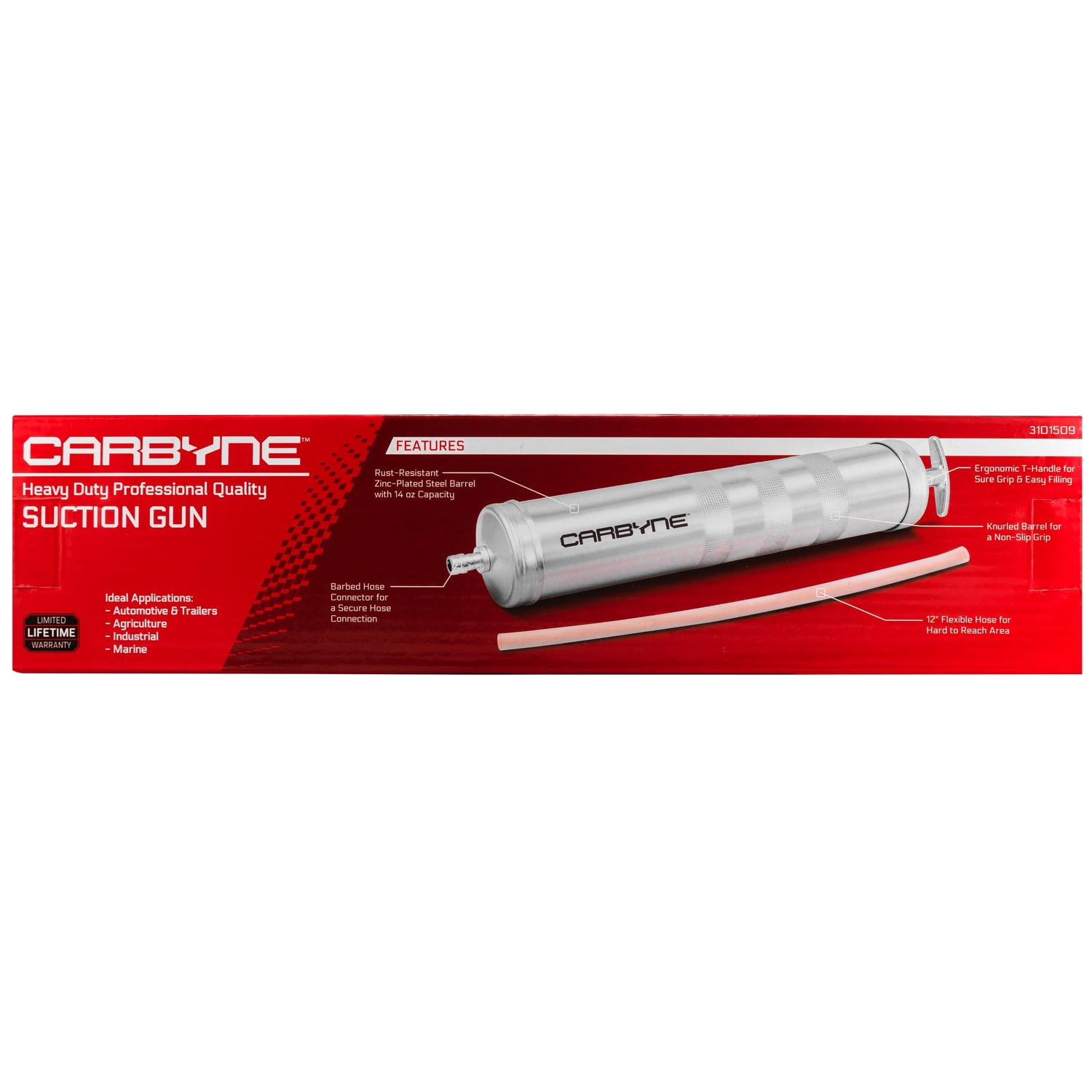 CARBYNE Suction Gun, 14 ounce Capacity with 12 inch Flexible Hose, Fills & Drains Transmissions, Differentials, Gear Boxes and Much More.  Ideal For Automotive, Agriculture, Industrial or Marine Use