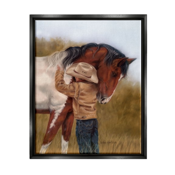 Stupell Industries Boy Hugging Horse Painting Animals & Insects Painting Black Floater Framed Canvas Art Print Wall Art, 17 x 21