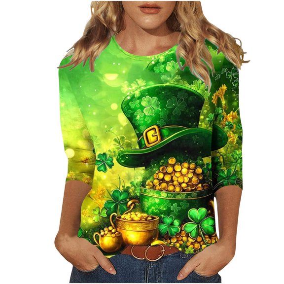 Wang6 Womens Oversized 3/4 Sleeve St Patricks Day T-Shirt Irish Shamrock Printed Tops Causal Crew Neck Loose Saint Graphic Tees Tunic Shirts Green2 XL