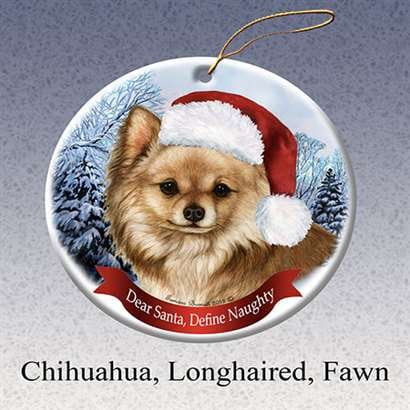 Chihuahua Santa - Holiday Pet Gifts Chihuahua Longhaired Fawn Santa Hat Dog Porcelain Christmas Tree Ornament