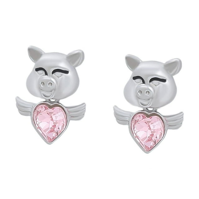 Aretes Cerdo Con Alas Cristales Austriacos Dama Oro 18K Laminado blanco Unitalla