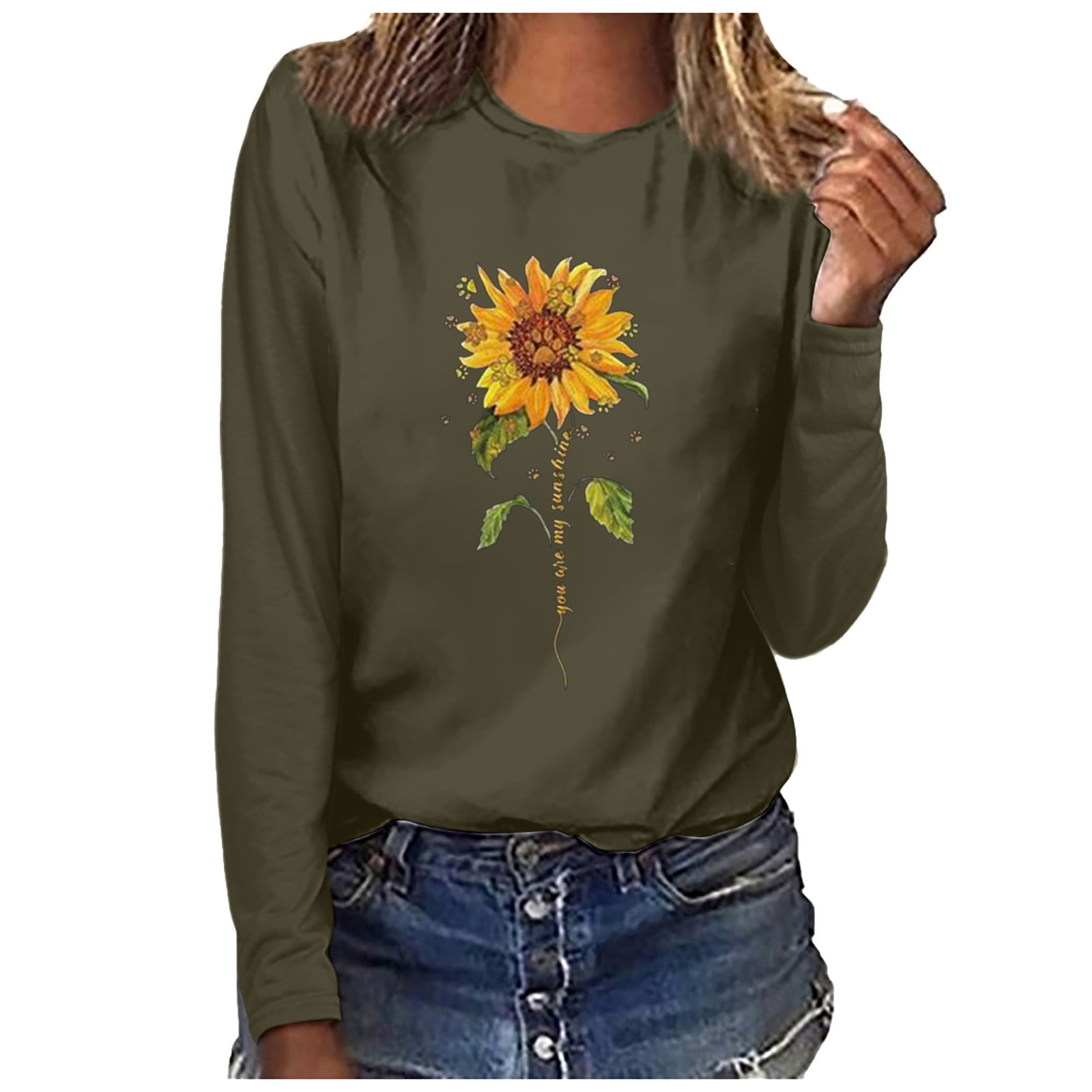 DZQUY Womens Long Sleeve Sunflower Print T Shirt Cute Funny Graphic Sweatshirts Loose Casual Cotton Pullovers Tops 