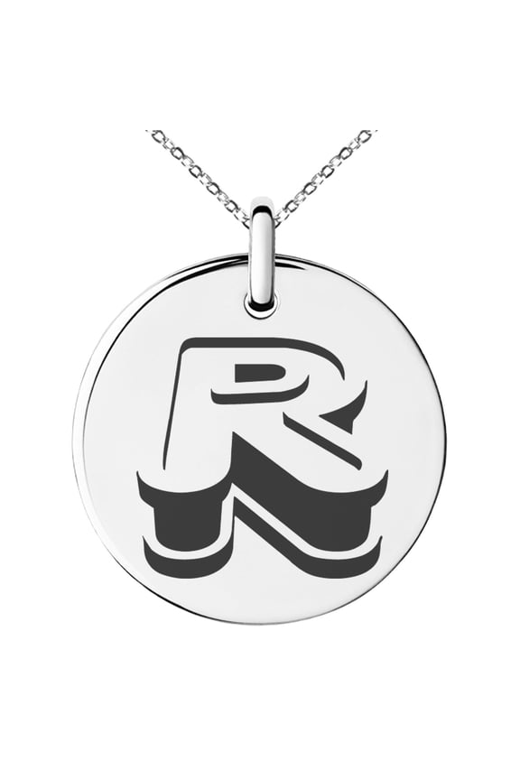 Stainless Steel Letter R Initial 3D Monogram Engraved Small Medallion Circle Charm Pendant Necklace