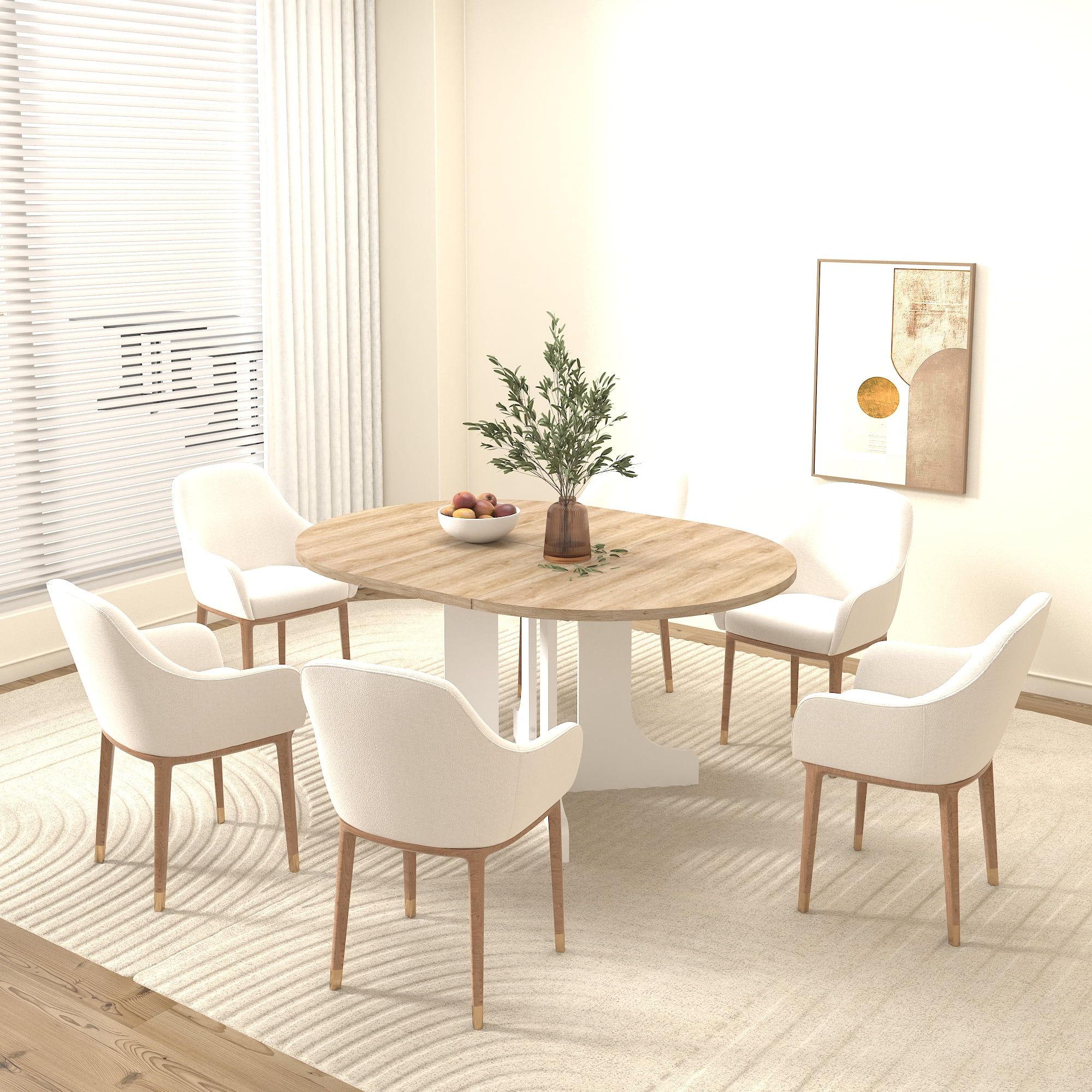 White Oak Farmhouse Dining Table with Adjustable Length, Expands from 43 to 59 Inches with Removable Leaf, Features a Sturdy X-Shaped Trestle Base and Seats Up to 6 for Family Dining