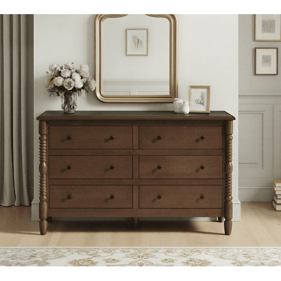 Vivienne Walker Edison Easy Assembly Solid Wood Spindle 6-Drawer Dresser - Dark Brown