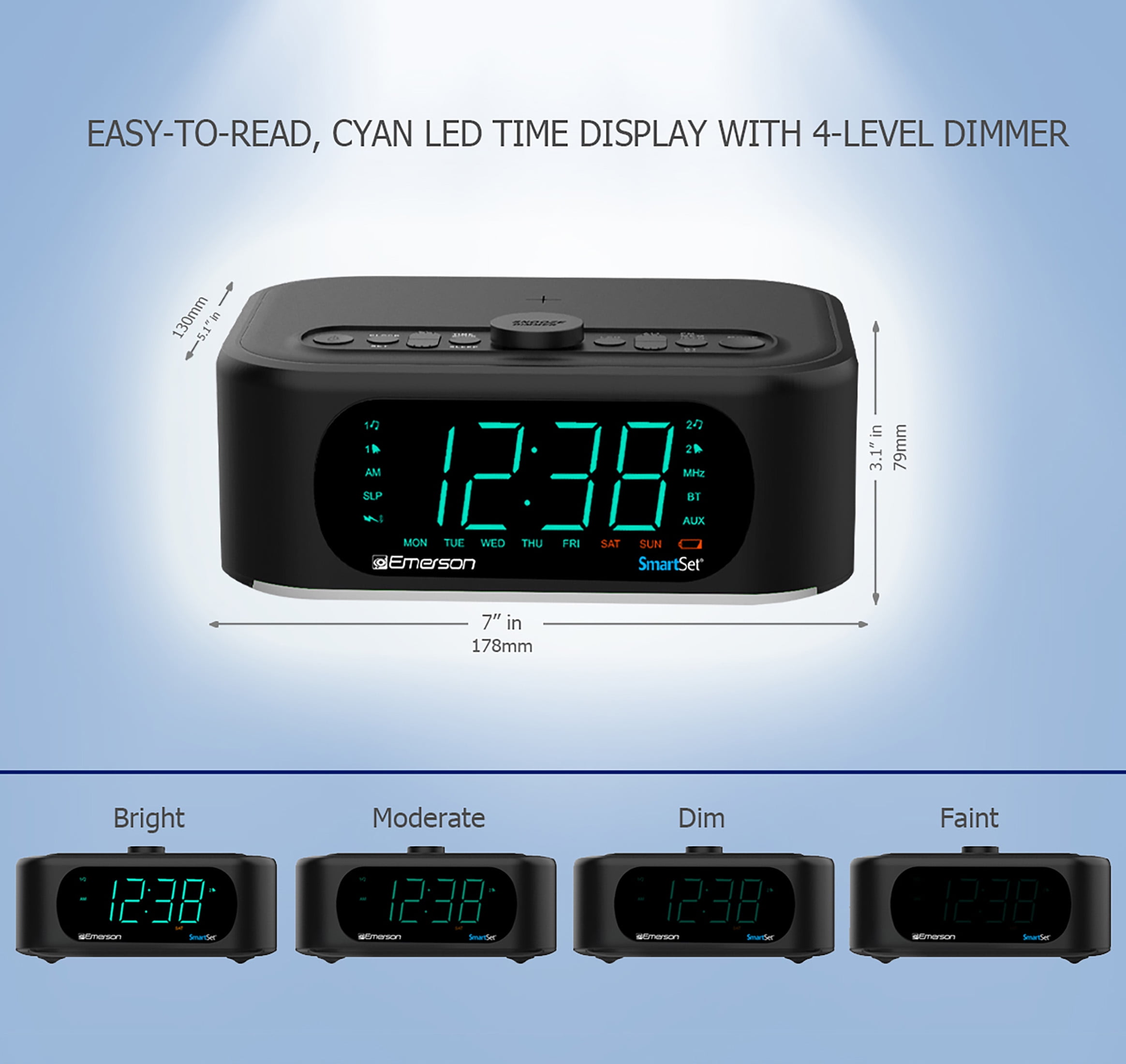 Emerson SmartSet Dual Alarm Clock Radio, 10W Bluetooth Speaker, 15W Wireless Charging, 7-Mode Rhythmic Color Changing LED Lights, CKSW7708M