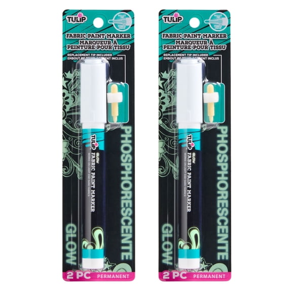 Tulip Glow in the Dark Fabric Paint Marker, Bullet Tip, Permanent, No Heat Setting, 2 Replacement Tips