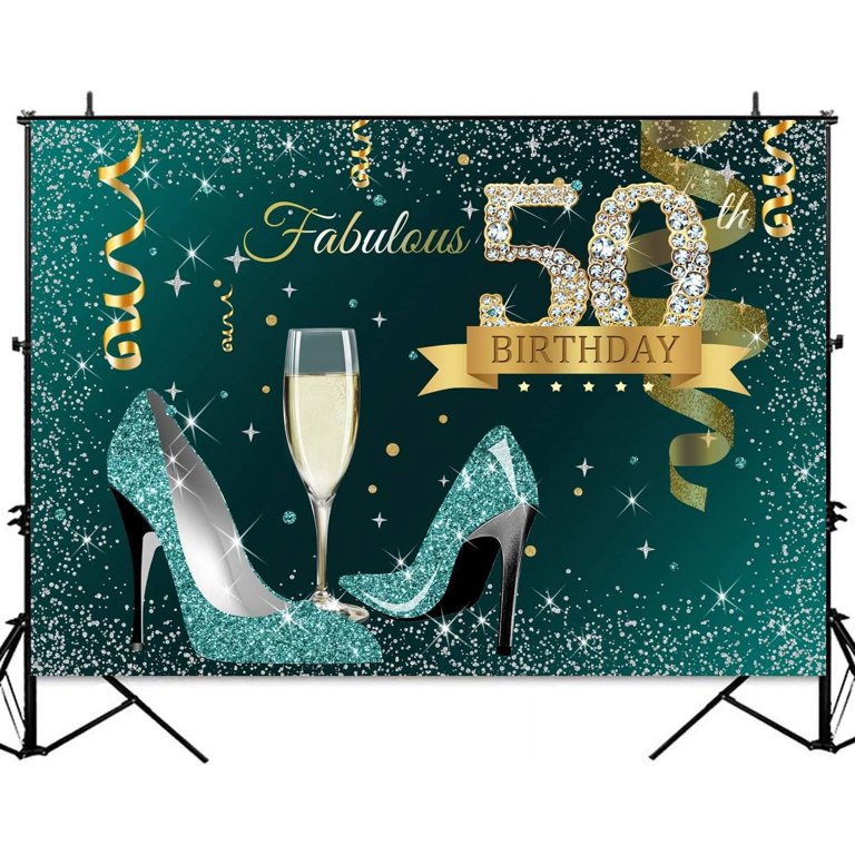 50th Birthday Photo Backdrop - 10x8ft Vinyl Diamond Gold Balloons Heels Champagne Background