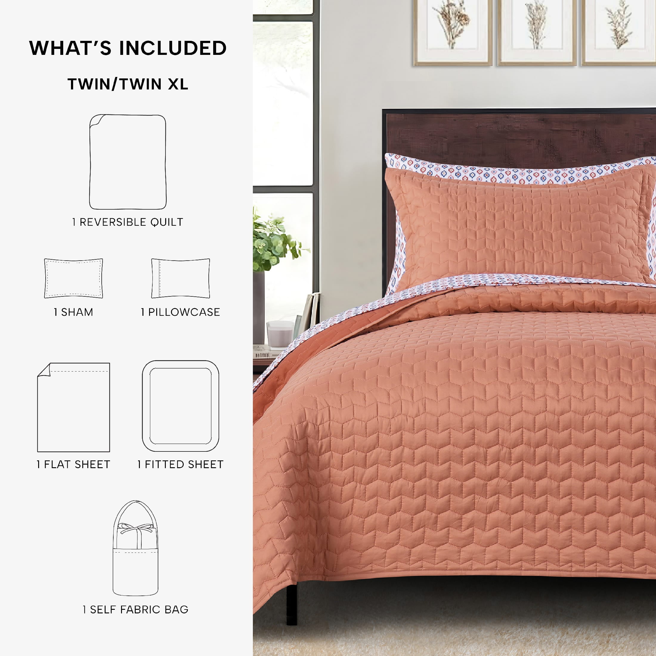 Mainstays All in One Lightweight Quilt Set and Sheet Set- 5 Piece, Twin/Twin XL, Coral
