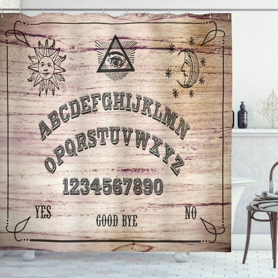Ouija Board Shower Curtain, Wooden Texture Talking Spirit Board with Alphabet Letters, Fabric Bathroom Set with Hooks, 69W X 84L Inches Extra Long, Dark Taupe Beige and Warm Tuape, by Ambesonne