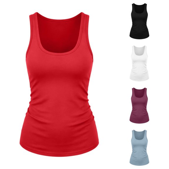 Rggeeun Women Tank Tops Solid Color U Neck Elastic Waist Vest Loose Fit Long Lightweight for Summer Outdoor Play Casual Sleeveless,Red,M