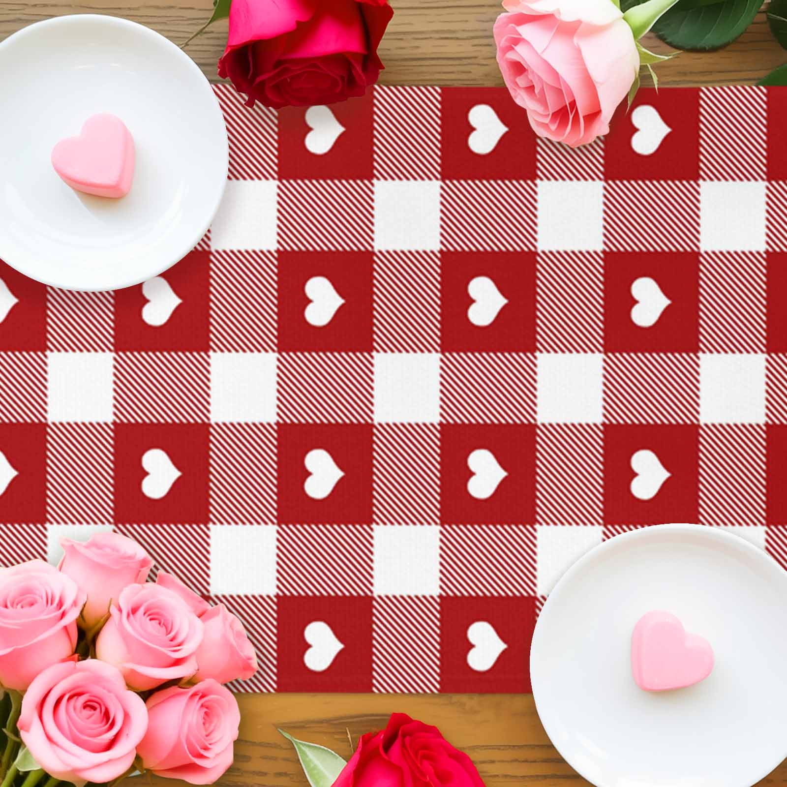 Valentine's Day Cotton Linen Table Runner Romantic Love Heart Red White Plaid Dining Table Runners for Home Decor Party Dining Room Restaurant Kitchen Party 13" x 90"