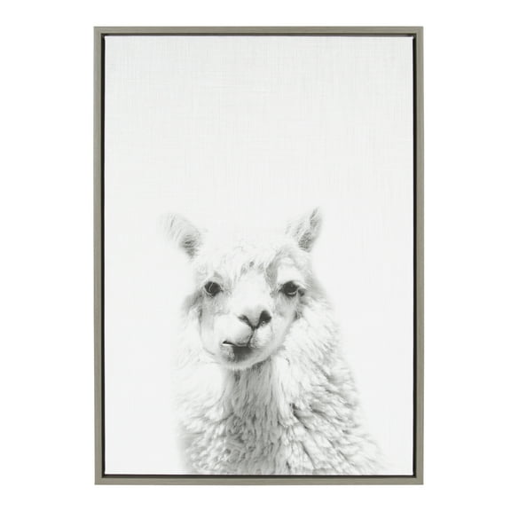 Kate and Laurel Sylvie Alpaca Animal Print Black and White Portrait Framed Canvas Wall Art by Simon Te Tai, 23x33 Gray