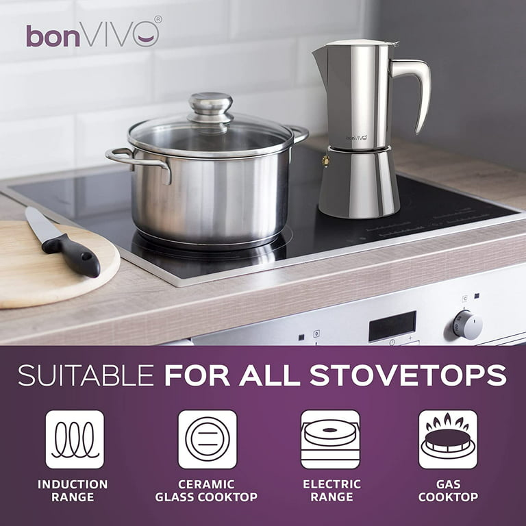 BonVIVO Intenca Stovetop Espresso Maker - Luxurious, Stainless Steel -  Chrome, 10oz