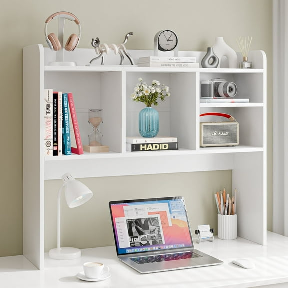 ZENY Desktop Bookshelf Storage Tabletop Display Hutch with 4 Shelves Wood Frame Freestanding Desk Organizer, White