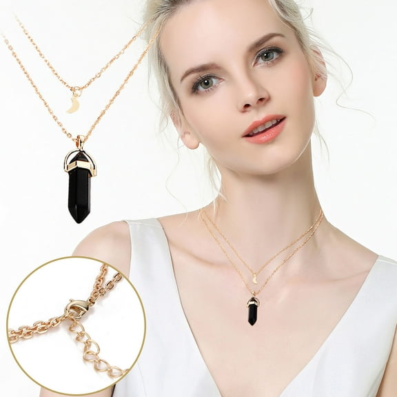 HOARBOEG Layered Choker Hexagonal Gemstone Pendant Necklaces Set Multi-Layer Moon Pendant Necklace Natural Stone Chakra Choker Necklace Gothic Retro Multilayer Clavicle Chain