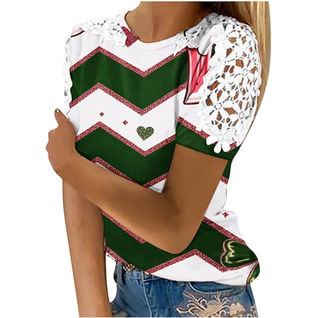 Camisas de Manga Corta para las Mujeres Impresión Cuello Redondo Suéter Encaje Blusa, Top Casual para el Hogar Y Diario