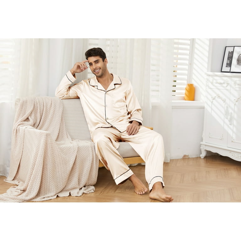 Vulcanodon Mens Silk Pajamas Set Long Sleeve Satin Pajamas for Men Sleepwear Button Down Pjs Set Two piece Champagne Small Walmart